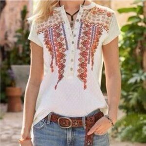 Women’s Sundance Embroidered Emme Ivory Short Sleeve Henley Top cap sleeve MED